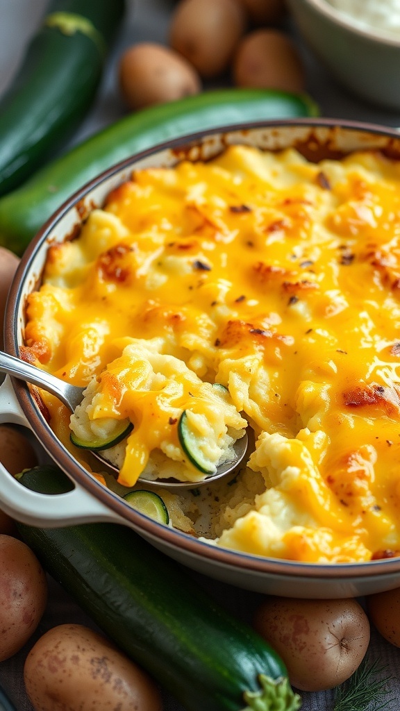 A cheesy zucchini and mashed potato casserole in a baking dish, garnished and ready to serve.